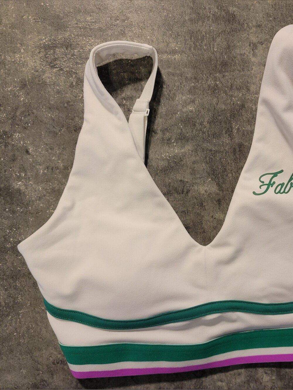 Fabletics all day every day white green pink sports bra